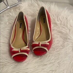 Alia Red and Cream Bow Peep Toe Flats